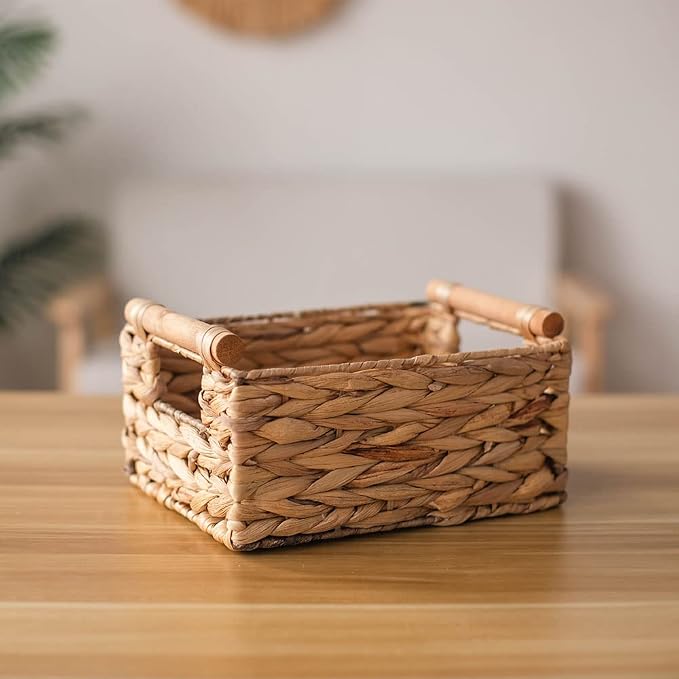 Natural Woven Water Hyacinth Storage Basket with Wood Handles, Small | Rectangular wicker‑style bin, decorative accent, for shelves, bathroom, pantry, closet organization, countertop use - Image 3
