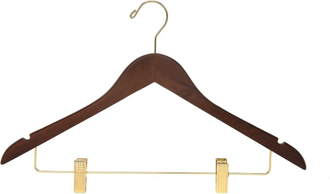 Quality Wooden Skirt Hangers with Clips - 20 Pack Walnut Pants Hangers with Adjustable Gold Metal Clips, Swivel Hook for Coats, Jackets, Blouses, Suits - Image 6