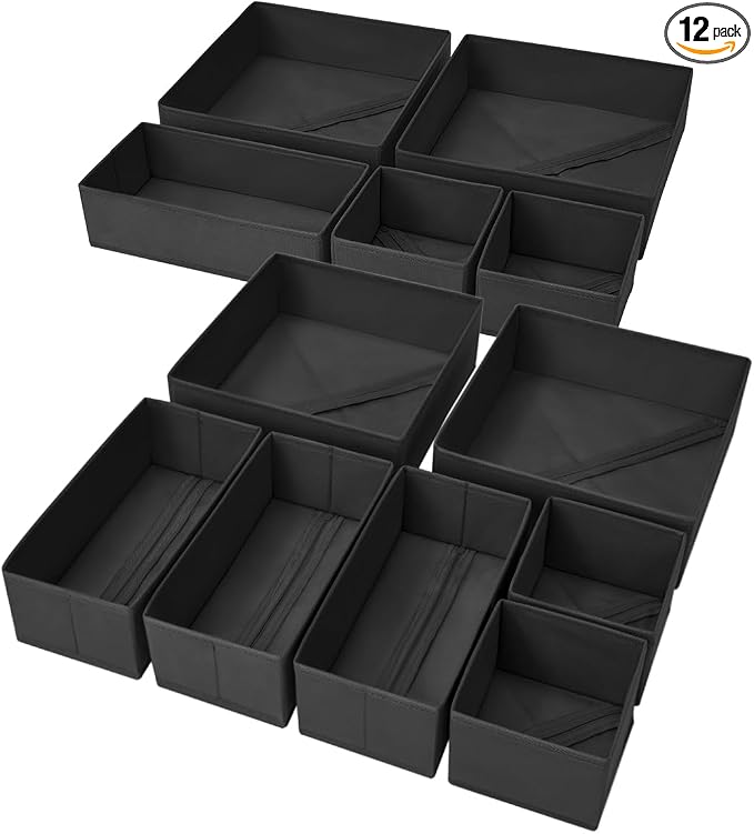 DIMJ Clothes Drawer Organizer, 12 Packs, Foldable Underwear Organizer for Baby Clothes, Tie, Bra, Sock (Black) by DiMJ