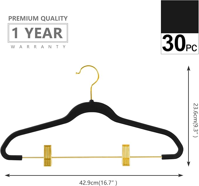 MIZGI Premium Velvet Pants Hangers with Adjustable Clips (Pack of 30) Slim Skirt Hangers- Non Slip Felt Outfit Dress Hangers Black - Gold Hooks,Space Saving Shirt Clothes Hangers - Image 2