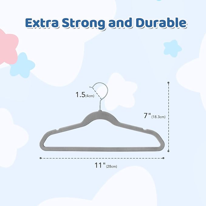 Premium 11 Inch Baby Hangers 50 Pack, Kids Velvet Hanger, Non Slip | Grey Space Saving Felt Hangers Clothes Organizers for Closet with 360° Swivel Hook for Children, Infant & Toddler - Image 7