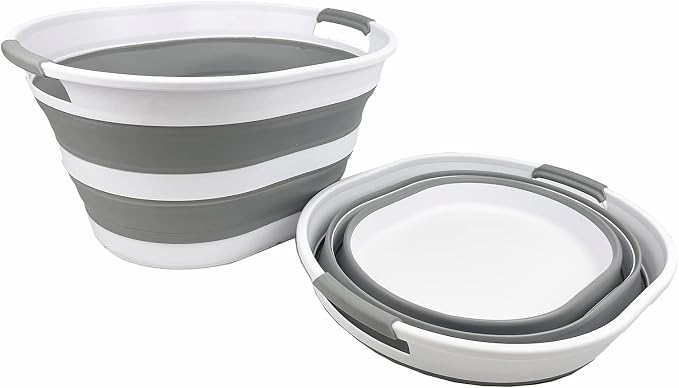 SAMMART 23L (6 Gallons) Set of 2 Collapsible Plastic Laundry Basket - Oval Tub - Foldable Storage Container/Organizer - Portable Washing Tub - Space Saving Laundry Hamper (White/Grey) - Image 2
