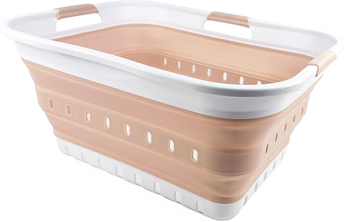 SAMMART 42L (11 gallon) Collapsible Plastic Laundry Basket - Foldable Pop Up Storage Container/Organizer - Space Saving Hamper/Basket (White/Beige) - Image 8