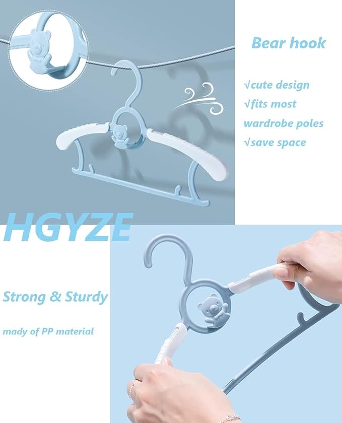 Baby Clothes Hangers 50 Pack, Plastic Kids Hangers Space Saving for Closet | Blue Hanger for Toddler Girl and Boy - Lightweight Anti-Slip Cascading Padded Extendable Adjustable Pant Bear Children Hangar - Image 5