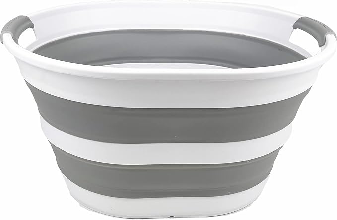 SAMMART Collapsible Plastic Oval Laundry Basket 23L (6 Gallons) -Foldable Storage Container/Organizer - Portable Washing Tub - Space Saving Hamper for Laundry, Camping & Home (White/Grey) - Image 4