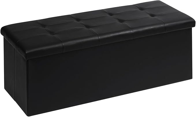 PINPLUS Folding Storage Ottoman Bench, Black Faux Leather Long Ottoman Chest, Footrest Seat, Blanket Storage for Living Room Bedroom Office Hallway, 43.3"x15"x15" by PINPLUS