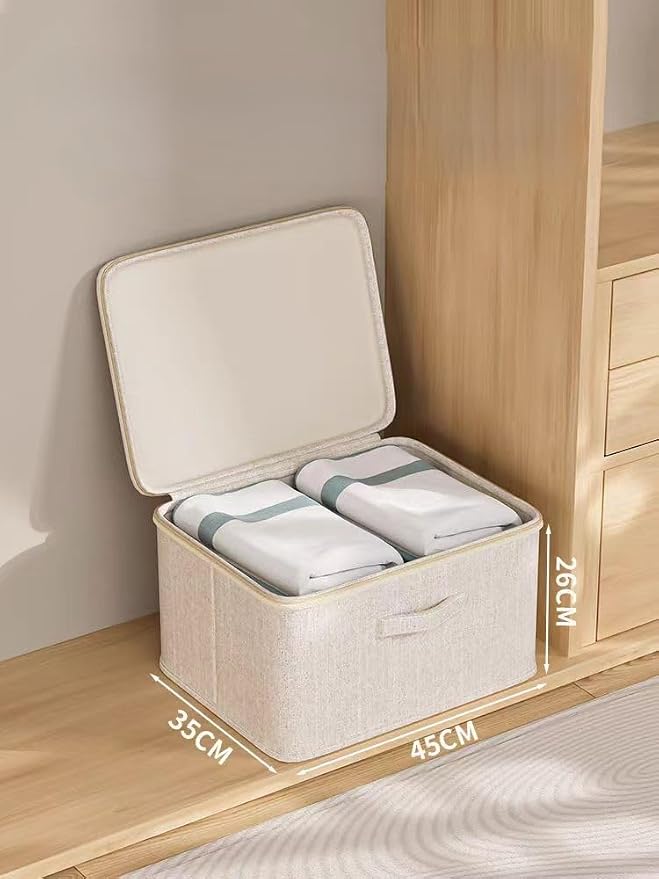 [3 Pack] Beige Cotton Linen Collapsible Storage Bins for Home Organization, Waterproof Fabric Foldable Organizer Boxes, 17.72 x 13.78 x 10.24 Inches, Zippered Flap & Handle (Large) - Image 2