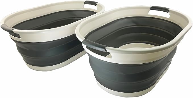 SAMMART 39L (10.3 gallons) Collapsible Plastic Laundry Basket - Foldable Washing Tub - Easy Storage & Pop Up Saving (Grey/Washed Black(Set of 2)) by SAMMART