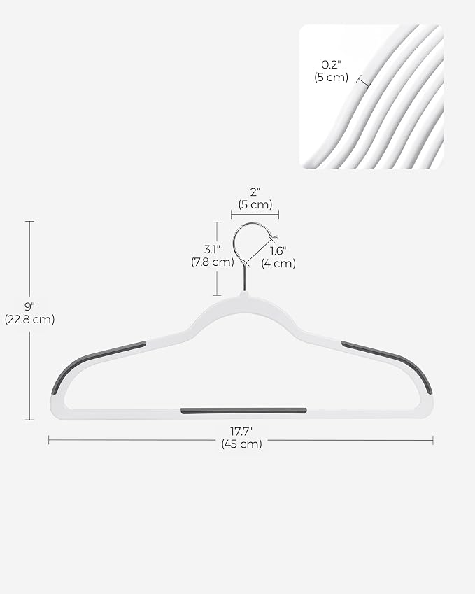 SONGMICS Plastic Clothes Hangers, Pack of 30, Non-Slip, Space-Saving | 0.2 Inches Thick, 17.7 Inches Wide, 360° Swivel Hook, White and Dark Gray, BREANNA Collection UCRP050W03 - Image 6