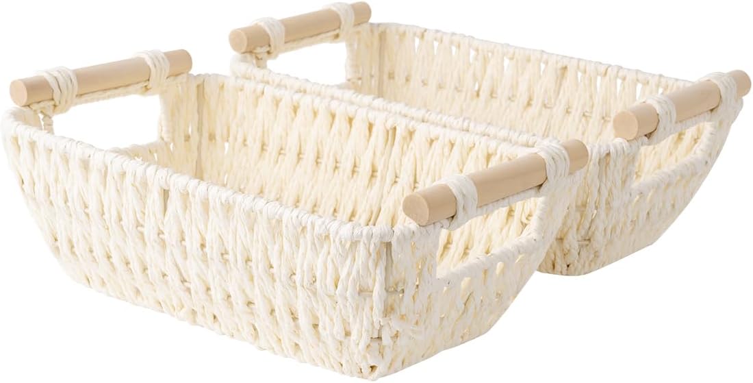 StorageWorks Small Storage Basket, Woven Basket for Shelves, Beige | Wicker Storage Baskets for Shelves, Baskets with Wooden Handles, 2-Pack Gifts Basket for Home Decor, Hand-Woven Basket by StorageWorks