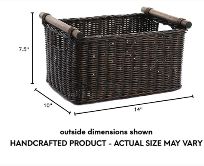 The Basket Lady Pole Handle Wicker Storage Basket, S, Walnut Brown | Outside: 14" L x 10" W x 7.5" H | Inside: 12"L x 8.5"W x 7"H - Handcrafted by artisans from natural rattan - Image 6