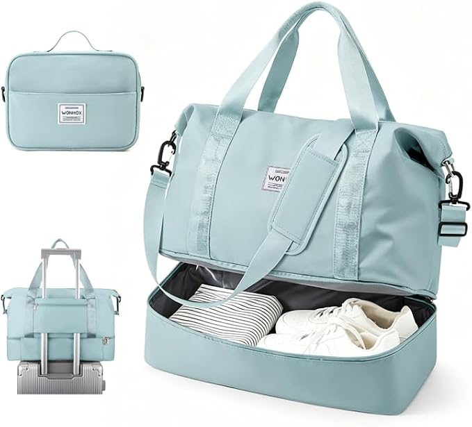 Travel Duffel Weekender Bag Women Tote Carry On Bags With Shoe Compartment | Travel Overnight Bags with Trolley Sleeve for Airplanes Waterproof Lightweight Sport Tote Gym with Toiletry Bag Blue by VECAVE