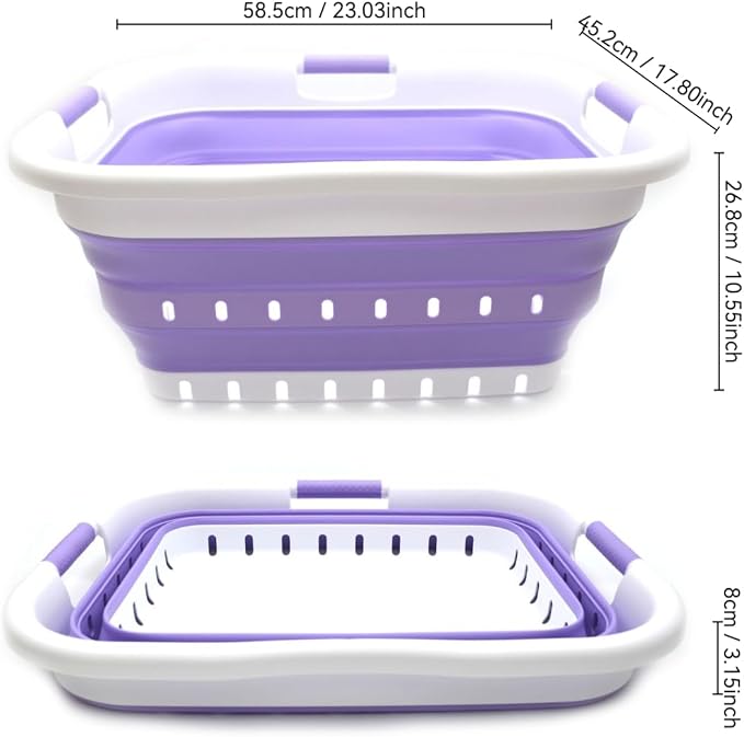 SAMMART 41L (10.8 gallon) Set of 2 Collapsible 3 Handled Plastic Laundry Basket-Foldable Pop Up Storage Container/Organizer-Space Saving Hamper/Basket (2, White/Lt. Purple) - Image 3