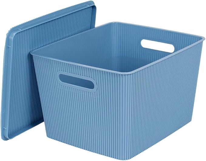 Glad Storage Baskets with Lids - Set of 4 Stackable Plastic Boxes with Handles - Decorative Shelf Organizer Bins for Bathroom and Closet, Blue, 4.7 Gallon - Image 3