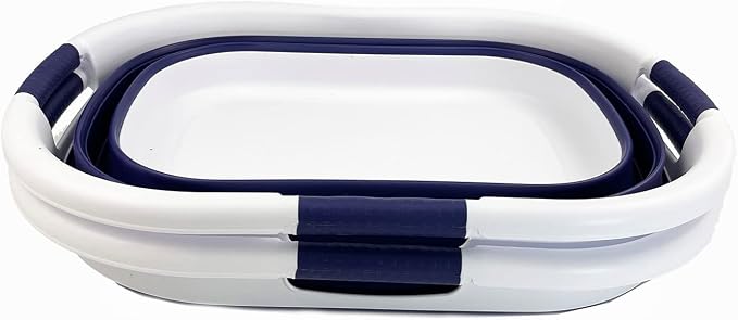 SAMMART Set of 2 Collapsible 3 handled Plastic Laundry Basket-Oval Tub/Basket-Foldable Storage Container/Organizer-Portable Washing Tub-Space Saving Laundry Hamper (40L Oval-White/Navy Blue) - Image 3