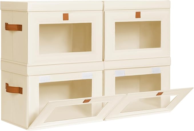 DIMJ Storage Bins with Lids - 4 Pack Front Opening Stackable Fabric Storage Boxes with Clear Window & Handles, Collapsible Closet Organizers for Clothes, Sweaters, Shelf Storage, Bedroom, Beige by DiMJ