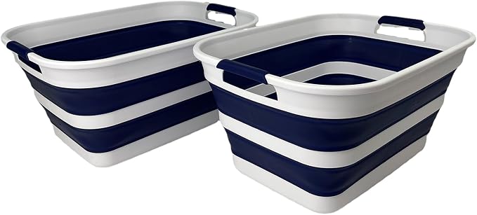 SAMMART Collapsible Plastic Laundry Basket with Handle/Foldable Pop Up Storage Hamper/Portable Laundry Organizer-Space Saving Washing Tub/Household Storage (White/Starry Blue, 27L (Set of 2)) by SAMMART
