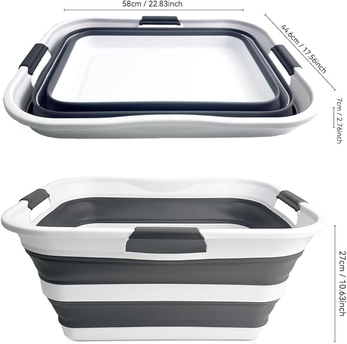 SAMMART Set of 2 Collapsible Plastic Laundry Basket/Organizer-Washing Tub-Foldable Pop Up Storage Container-Space Saving/Portable Hamper. Ideal for Home, Travel, Dorm & Camping (White/Steel Grey, 42L) - Image 7