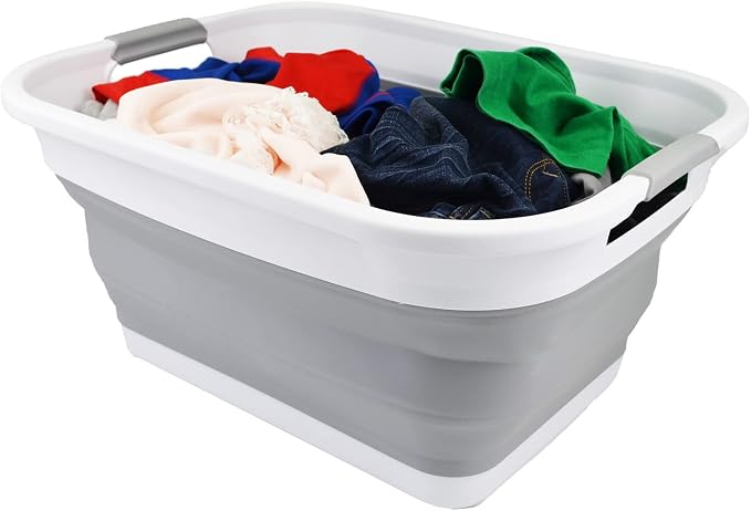 SAMMART 36L (9.5 gallon) Collapsible Plastic Laundry Basket - Foldable Pop Up Storage Container/Organizer - Portable Washing Tub - Space Saving Hamper/Basket (White/Grey (Set of 2)) - Image 5