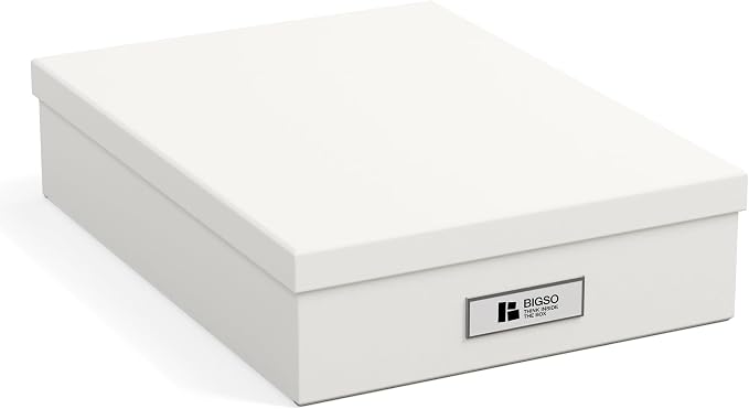 Bigso Oskar Fiberboard Label Frame Document Letter Box - File Organizer Box for Important Paperwork - Durable Document Storage with a Lid & Metal Label Window - 3.3 in x 10.2 in x 13.8 in - White by Bigso