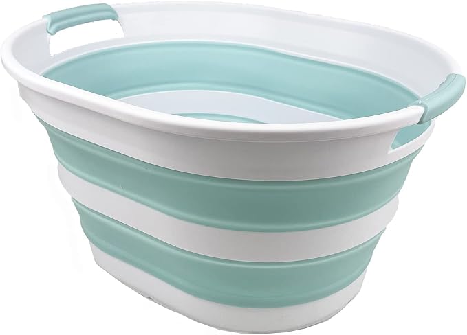 SAMMART 23L (6 Gallons) Collapsible Plastic Laundry Basket - Oval Tub/Basket - Foldable Storage Container/Organizer - Portable Washing Tub - Space Saving Laundry Hamper (White/Lake Green) by SAMMART