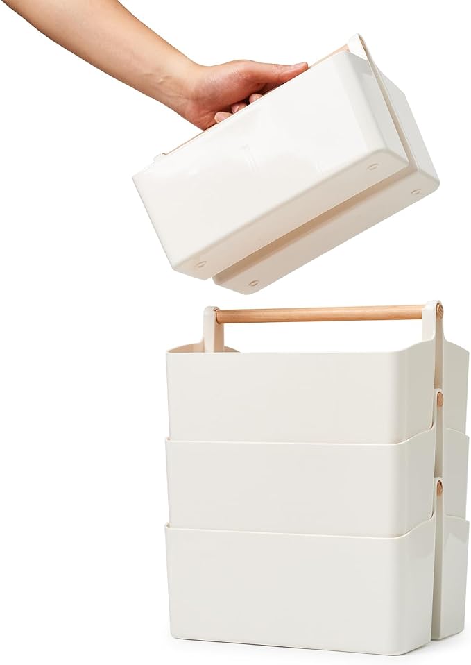 EZOWare Set of 4 Plastic Stackable Caddy Tote Set, Large Storage Organizer Bins w/Removable Compartment Divider & Handle for Makeup, Bathroom, Office, School, Crafts, Nursery - White and Orange - Image 3