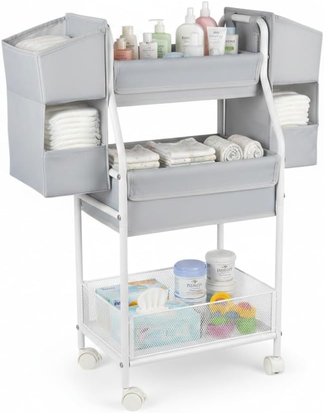 Rolling Utility Cart with Side Storage, 3-Tier Diaper Cart & Baby Caddy Organizer for Nursery Essentials, Bedside/Postpartum Nursing Cart, Craft & Art Storage Organizer, Rolling Book Cart - Image 8
