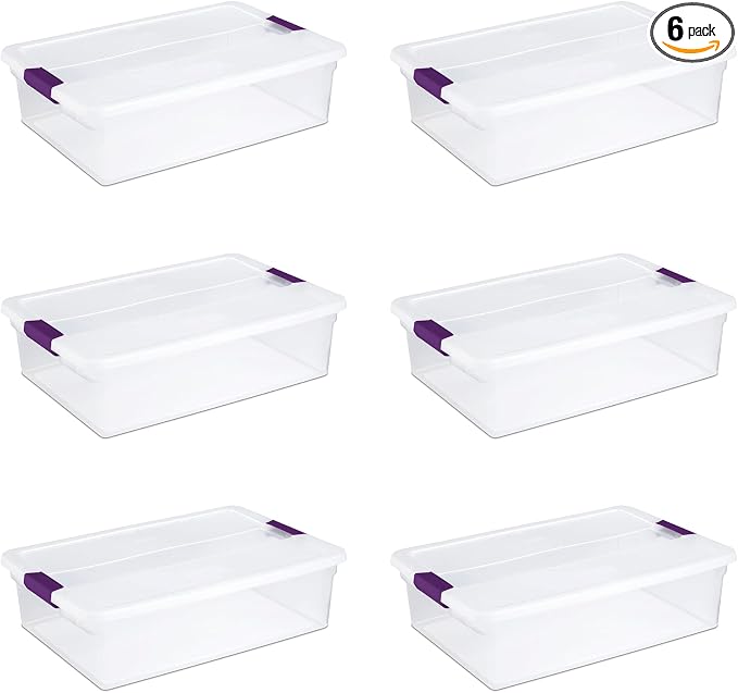 Sterilite 32 Quart ClearView Latch Box, Plastic Storage w/Clear Lid, 6 Pack | Clear Plastic Organizers with Color Accent Latches for Closet, Bedroom, Shelving Units, Dorm Room and Home Organization by Sterilite