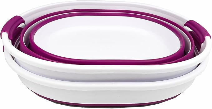 SAMMART 23L (6 Gallons) Collapsible Plastic Laundry Basket - Oval Tub/Basket - Foldable Storage Container/Organizer - Portable Washing Tub (White/Purple (Set of 2)) - Image 8