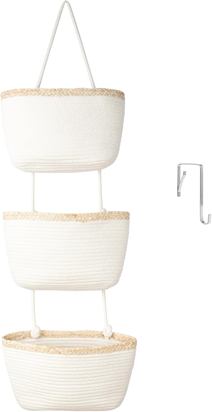 TeoKJ Over the Door Hanging Basket, 3-Tier Woven Cotton Wall-Mounted Storage Organizer Bag Decorative Hanging Nursery Baskets, White & Light Brown by TeoKJ