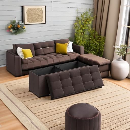 SONGMICS MAZIE Collection - 43 Inches Folding Storage Ottoman Bench, Ottoman Foot Rest, End of Bed Bench, Storage Chest, Load 660 lb, for Living Room, Bedroom, Entryway, Brown ULSF77BR - Image 2