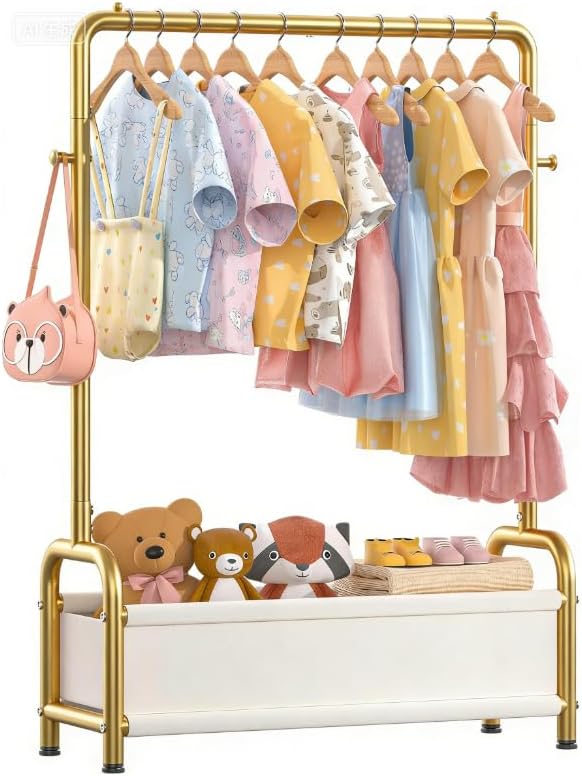 Kids Clothing Rack with Storage Shelf, Kids Dress Up Storage | for Coats, Small Baby Garment Rack for Hanging Clothes, Toddler Wardrobe Closet Organizer (Gold, Classic) by Unknown