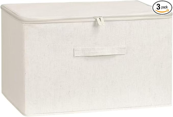 [3 Pack] Beige Cotton Linen Collapsible Storage Bins for Home Organization, Waterproof Fabric Foldable Organizer Boxes, 17.72 x 13.78 x 10.24 Inches, Zippered Flap & Handle (Large) by LumoVero