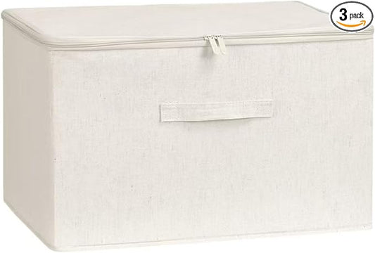 [3 Pack] Beige Cotton Linen Collapsible Storage Bins for Home Organization, Waterproof Fabric Foldable Organizer Boxes, 15.75 x 11.81 x 8.27 Inches, Zippered Flap & Handle (Medium) by LumoVero