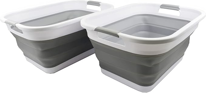 SAMMART 36L (9.5 gallon) Collapsible Plastic Laundry Basket - Foldable Pop Up Storage Container/Organizer - Portable Washing Tub - Space Saving Hamper/Basket (White/Grey (Set of 2)) by SAMMART