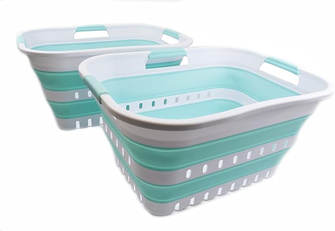 SAMMART Set of 2-30L (8 gallon) Collapsible Plastic Laundry Basket - Foldable Pop Up Storage Container/Organizer - Space Saving Hamper/Basket (2, White/Lake Green) by SAMMART
