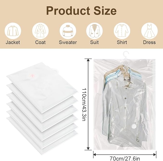 Flintronic Hanging Vacuum Storage Bags, 6pcs 110x70CM Vacuum Compression Zipper Storage Bags, Space Saver for Clothes, Suits, Dresses, Coats or Jackets - Image 2