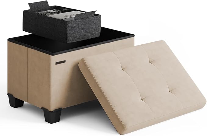 Storage Ottoman Cube with Small Bin, 16-in Square Ottoman with Storage for Living Room and Bedroom, Small Ottomans Foot Rest, Velvet Foot Stools Ottomans Max 330lbs, Taupe by STORAGEBUD