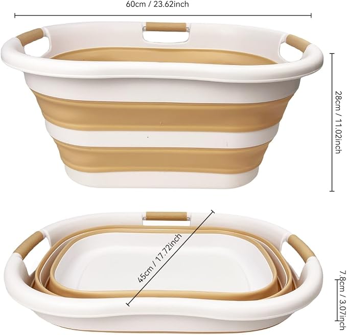 SAMMART 40L (10.5 gallon) Set of 2 Collapsible Plastic Laundry Hamper - Foldable Pop Up Storage Container/Organizer - Portable Washing Tub - Space Saving Basket (2, White/Beige) - Image 4