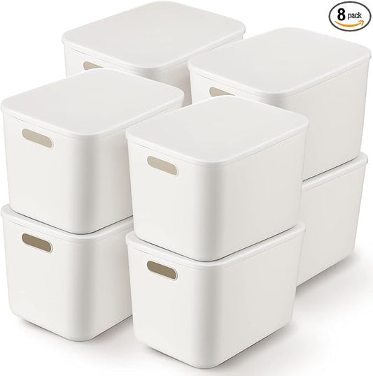 8 Pieces White Plastic Storage Bins with Lids, Stackable Storage baskets with Handle Containers Box for Shelves Drawers Desktop Playroom Classroom Office Organization(14 x 10.5 x 9.6 Inches) by Tuanse