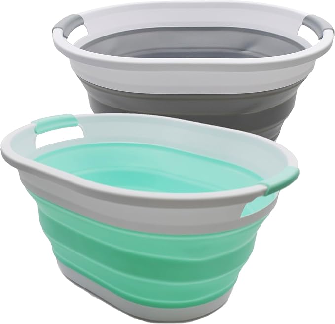 SAMMART 32L (8.4 Gallon) Collapsible Plastic Laundry Basket - Foldable Pop Up Storage Container/Organizer - Portable Washing Tub - Space Saving Hamper, Water Capacity: 24L (2, Grey+Light Green) by SAMMART
