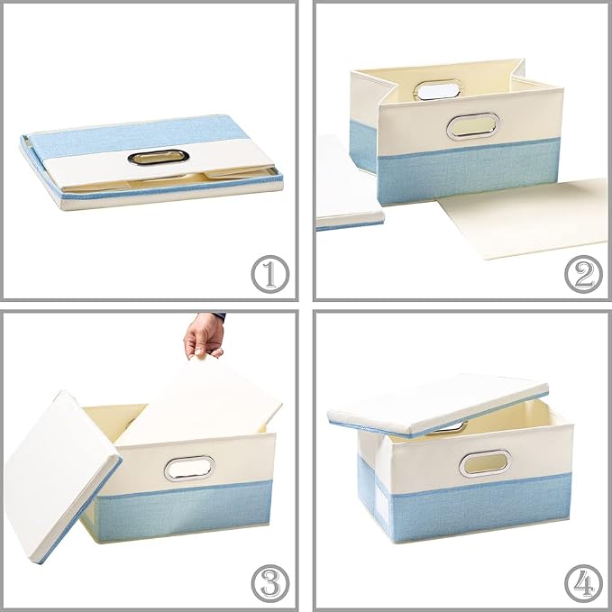 Large Foldable Storage Boxes with Lids [3-Pack] Fabric Collapsible Storage Bins Organizer Containers Baskets Cube with Cover for Home Bedroom Closet Office Nursery Blue&Cream(17.7x11.8x11.8) - Image 5