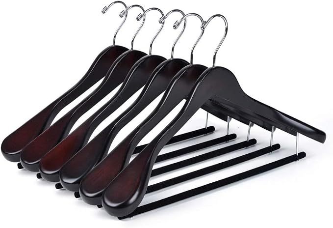 Luxury Wide Shoulder Wooden Hangers 6 Pack, with Velvet Bar, Smooth Mahogany Finish Wood Suit Hanger Coat Hanger for Closet, Holds Upto 20lbs, 360° Swivel Hook, for Jacket, Dress Heavy Clothes Hangers by QualityHangers