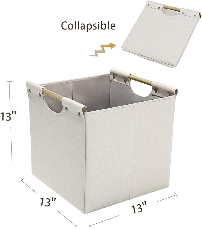 HOONEX Collapsible Storage Bins, 13x13x13in Storage Cubes Linen Fabric, 3 Pack, Storage Baskets with Wooden Carry Handles and Sturdy Heavy Cardboard, for Home, Office, Car, Nursery, Beige - Image 5