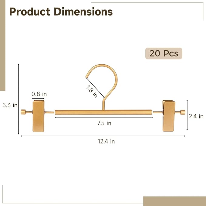 20 PCS Gold Pants Hangers with Clips - Adjustable Metal Skirt and Trouser Hangers with Non-Slip Rubber Padded Clips, Slim Lightweight Sturdy Aluminum Clothes Hangers for Clothes Closet Organization - Image 5