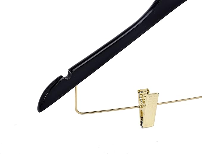 Quality Black Wooden Skirt Hangers with Clips, 20-Pack Smooth Solid Wood Pants Hangers with Durable Adjustable Metal Clips, Swivel Hook, Coat, Jacket, Blouse Suit Hangers (Black-Gold Hook, 20) - Image 8