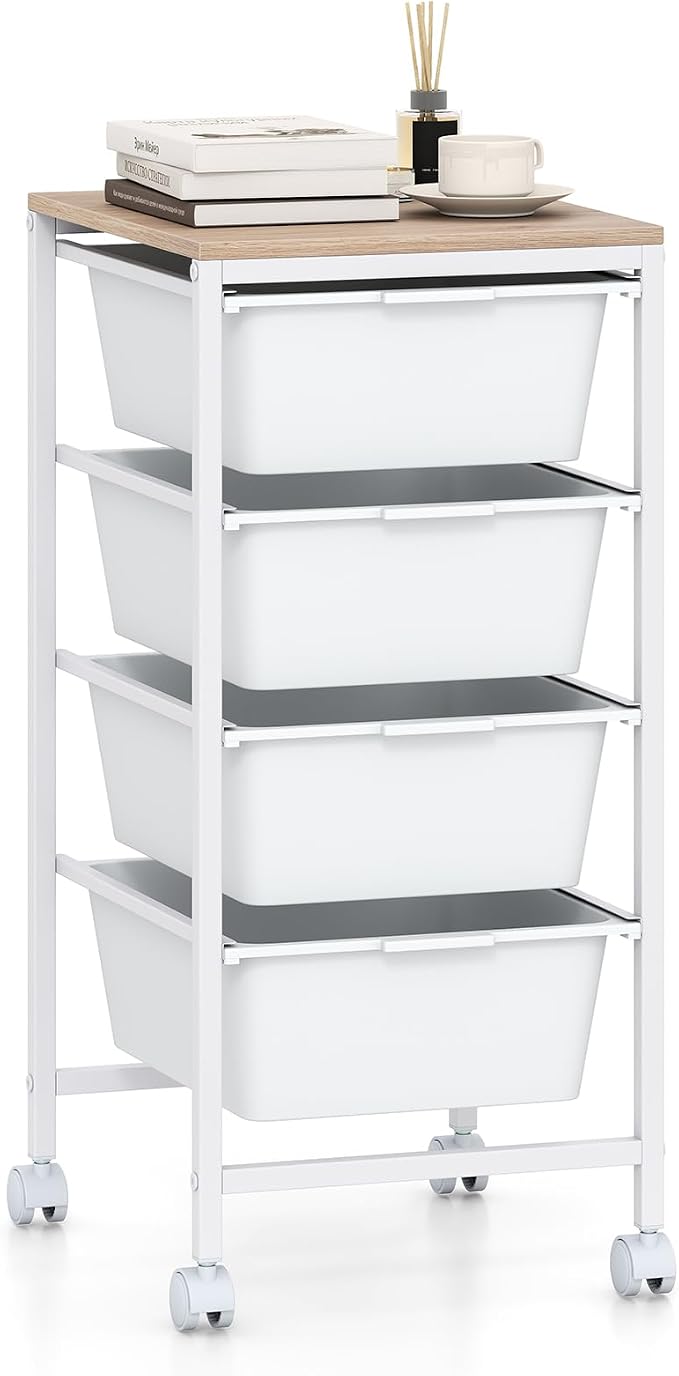 Rolling Storage Cart with 4 Drawers, Plastic Craft Organizer on Wheels with Wooden Top, Mobile Art Supply Utility Cart for Classroom, Home, Office by SILKYDRY
