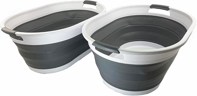 SAMMART 39L (10.3 gallons) Collapsible Plastic Laundry Basket - Foldable Washing Tub - Easy Storage & Pop Up Saving (White/Steel Grey(Set of 2)) by SAMMART