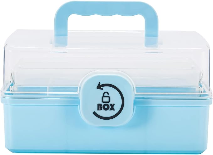 Sooyee Craft Organizers and Storage,Plastic Box with 3-Tier Fold Tray,Art Supply Storage Organizer,Portable Lockable Container for Cosmetic, Toy, Washi Tape, Sewing,Lego,Clear/Blue by Sooyee