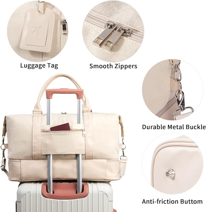 Oeihuivt Weekender Bags for Women - 21 Inch Large Travel Duffel Bag 2-Piece Set with Shoe Compartment, Heavy-Duty Canvas & Leather Carry On Overnight Tote (Airplane Approved) - Image 5